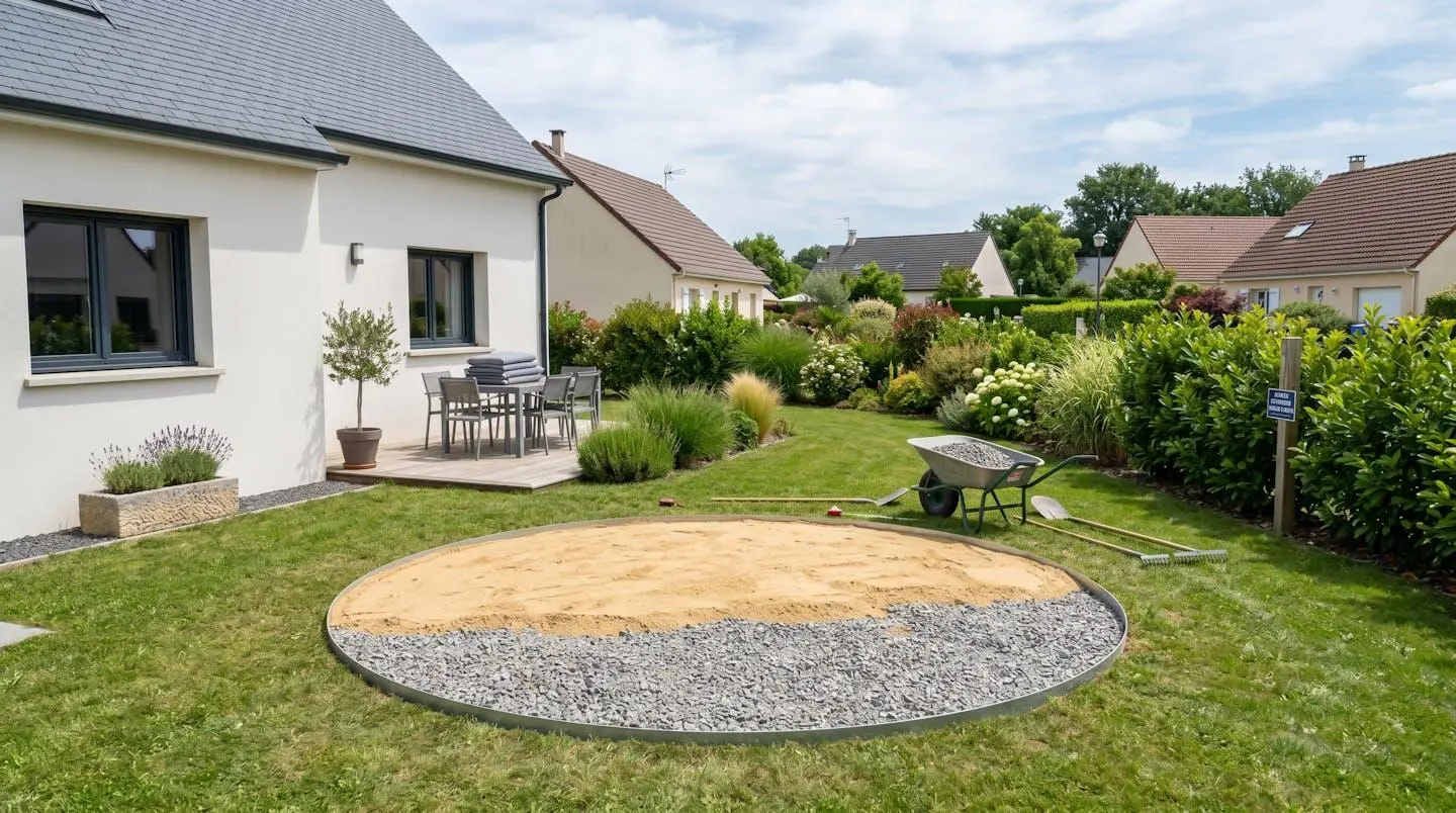 Vue en plongée d'un emplacement circulaire dans un jardin résidentiel, montrant des couches de gravier et de sable disposées pour accueillir une piscine