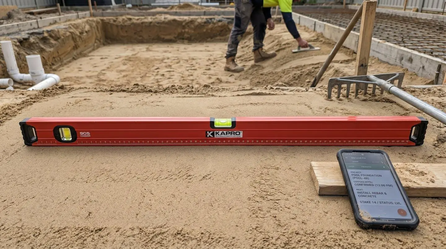 Gros plan sur du sable fin avec un niveau à bulle posé en surface, montrant la texture des grains en détail