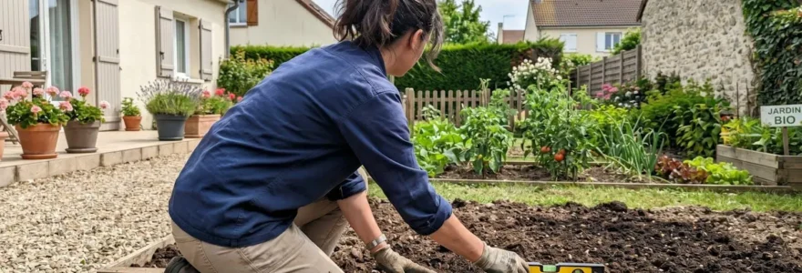 Une personne vue de dos vérifie la planéité d'un terrain de jardin avec un niveau à bulle, accroupie sur une surface en cours de préparation